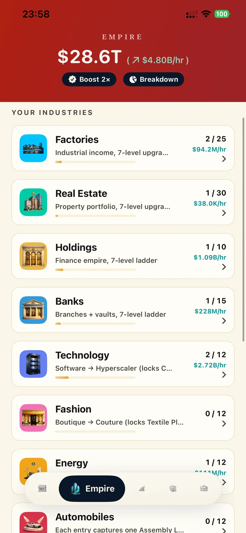 Empire tab — your industries and a multi-trillion-dollar net worth