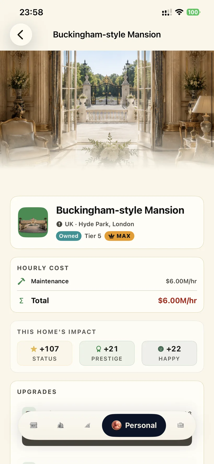 Quadrillionaire on iPhone — a luxury mansion shown on its detail screen