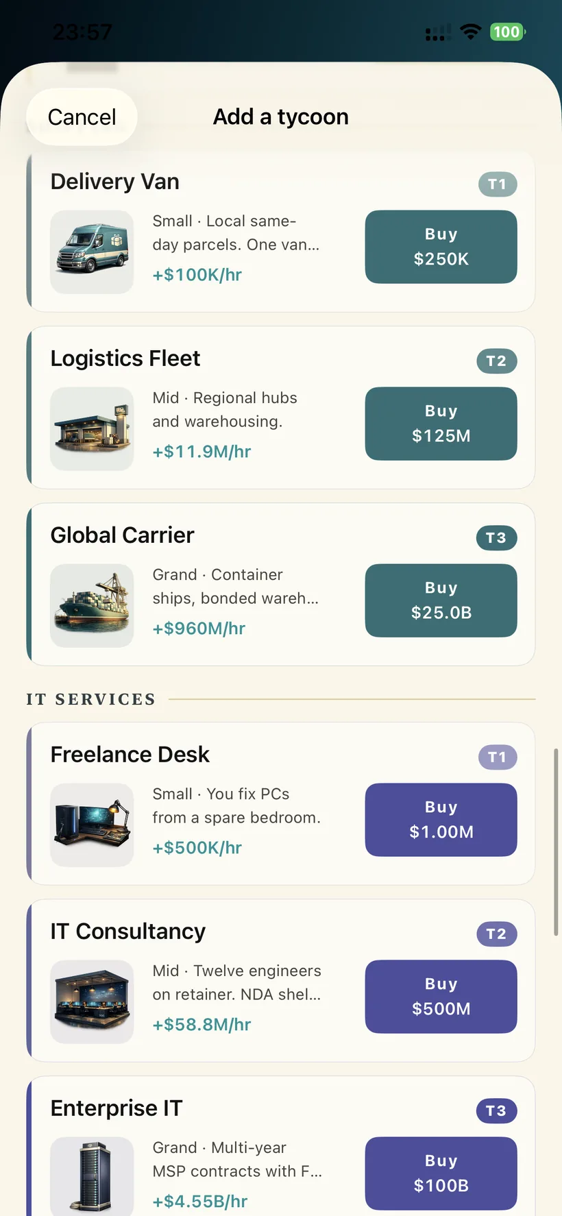 Tycoon tab — buying and upgrading businesses