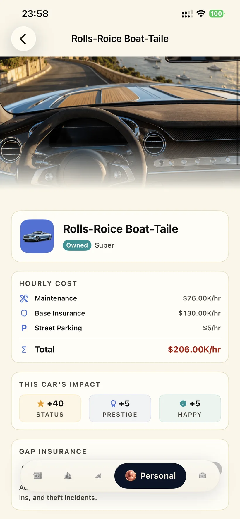 A luxury car shown from the driver's seat on its detail screen