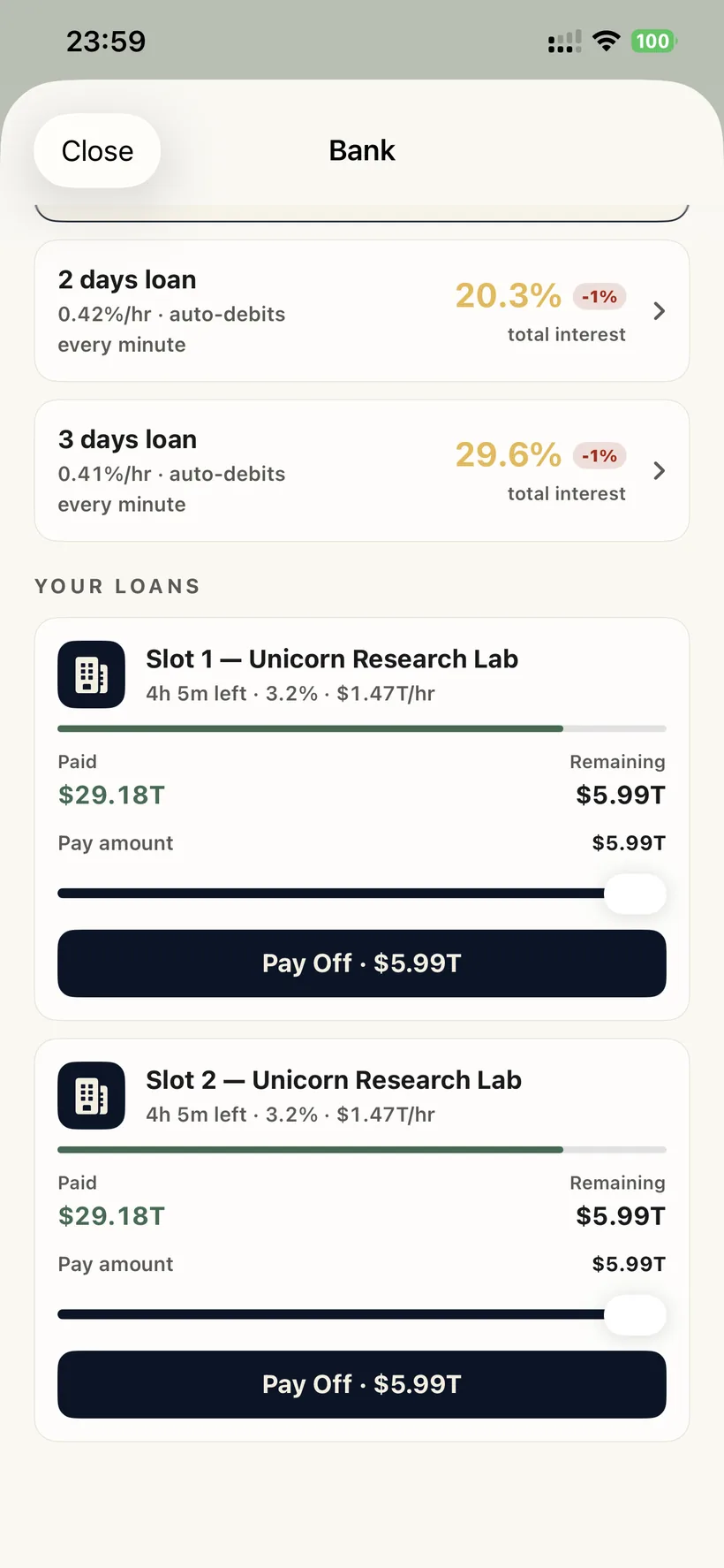 The bank screen with loans and pay-off options